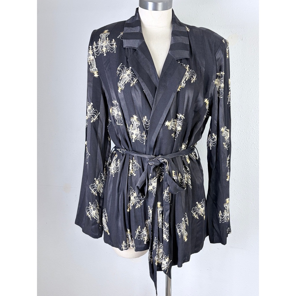 L'AGENCE Ciara Chandelier Print Robe Top Black Striped Belted Jacket Large